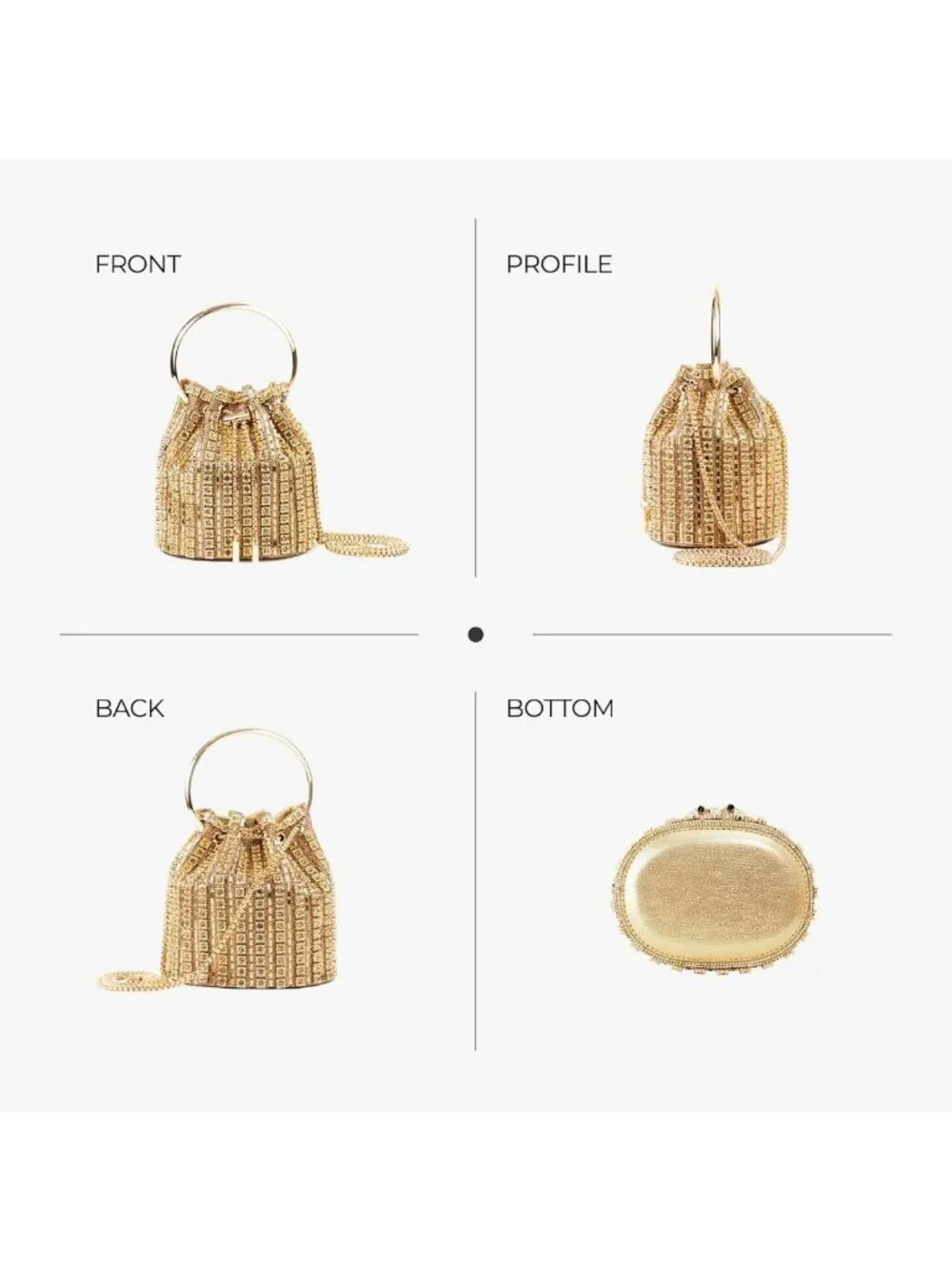 Embellished Bucket Bag with Ring Handle, Multicolor Rhinestones & Gold Chain